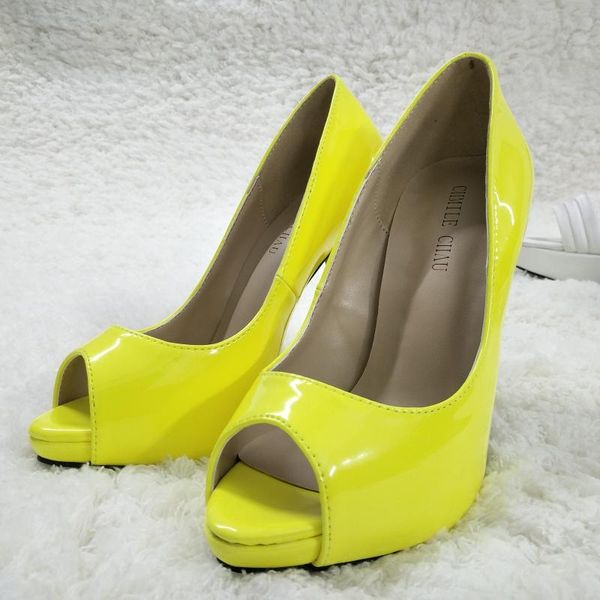 

women stiletto thin high heel pumps peep toe fluorescence yellow patent party ball bridals lady shoes t1 dress, Black