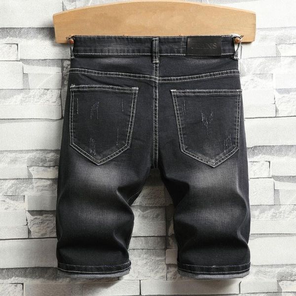 

men's jeans summer thin section embroidery dragon black mens elastic knee length hole ripped loose fit straight casual denim shorts, Blue