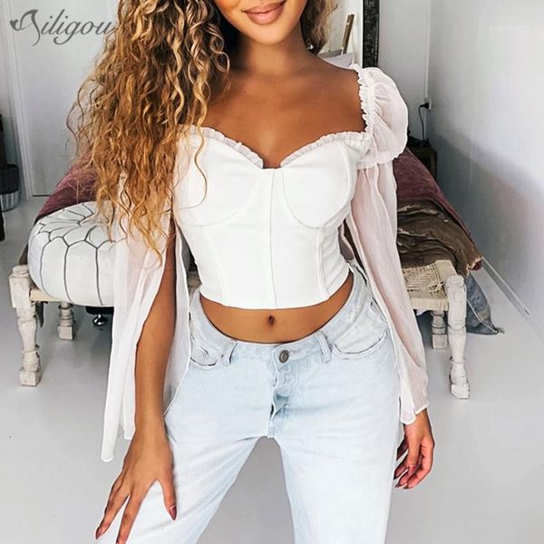 

ailigou 2021 v-neck hollow short white black trumpet sleeves ladies elegant backless tight shirt fashion bandage women's blouses &