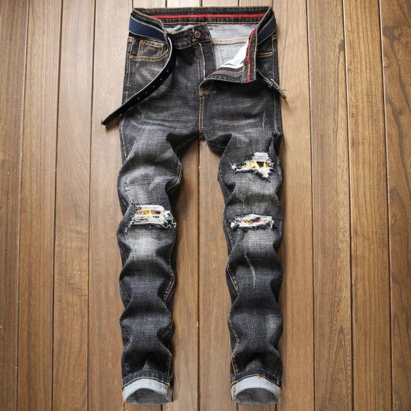 

men's ripped jeans, stretch straight loose, washed large jeans, Blue