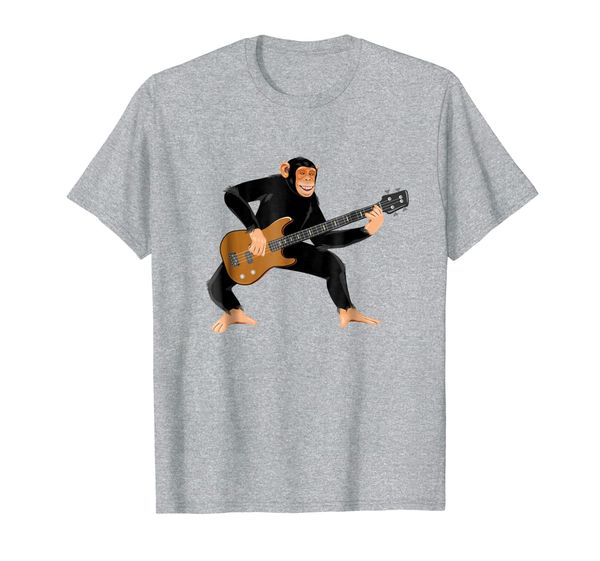 

chimpanzee playing electric bass guitar. funny monkey shirt, White;black
