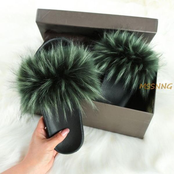 

fluffy faux fur shoes women slippers furry raccoon sandals fake flip flops home fuzzy woman casual plush, Black