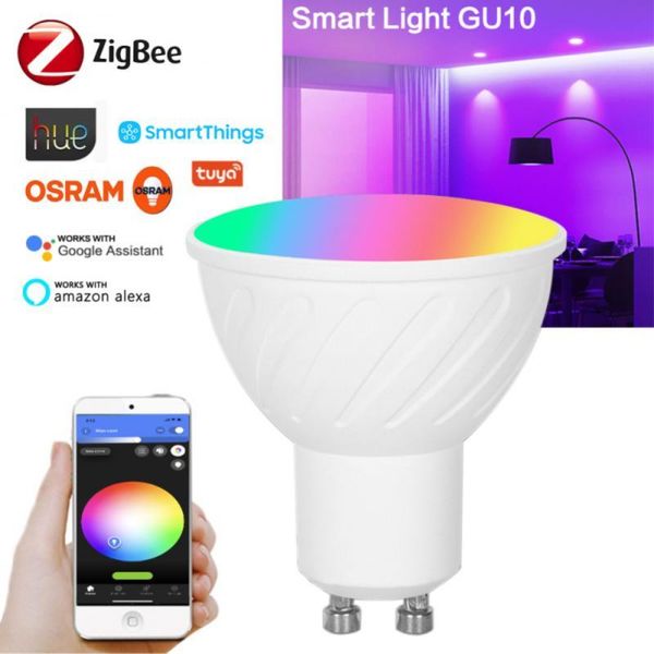 

smart home control zigbee 3.0 gu10 lamp led rgbcw light dimmable 5w spotlight bulb work with life alexa assistant