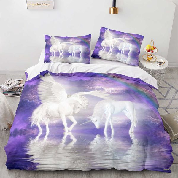 Установите постельное белье Unicorn OnioROn Onio Twin Full Queen King Size One-Horned Horse Code Aldult Kead Bedroom Dougetcover S 3D Print 033