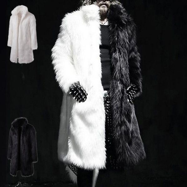 

men's fur & faux mens fashion winter punk rock coat hooded long jacket black white patchwork overcoat men cardigan