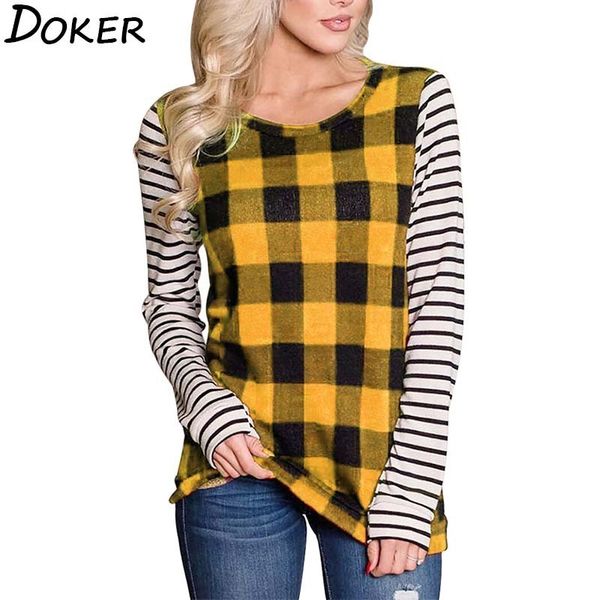 

plaid print long sleeve t shirt womens clothes fashion o neck plus size loose tshirt casual streetwear tee shirt femme 210423, White