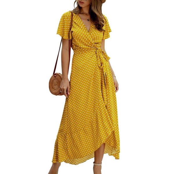 

casual dresses summer beach maxi dress women floral print boho long chiffon ruffles wrap v-neck split party robe#f3, Black;gray