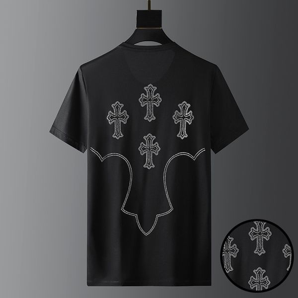 

light luxury fashion brand drill short sleeve men's round neck ch cross korean slim fit 2021 summer t-shir, White