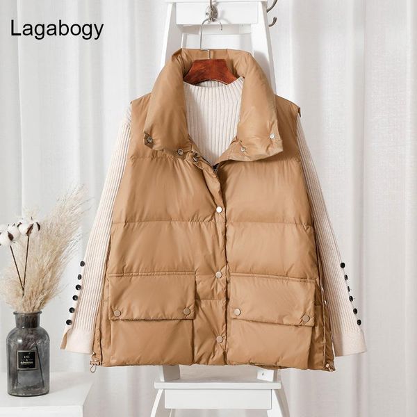 

women's vests lagabogy 2021 winter soild short women vest white duck down coat waistcoat female loose zipper khaki sleeveless outwear, Black;white