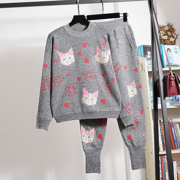 

pant black gray tracksuits women knitted set cartoons print sweater pencil pants two piece outfits female loose casual knitting suit, White