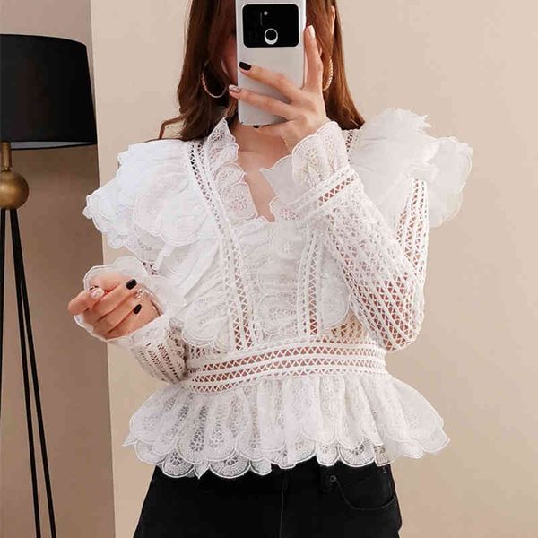 

women's blouses & shirts 2021 summer hollow lace ruffled deep v-neck long-sleeved shirt brand luxury chic korean pink blouse clothes 9t, White