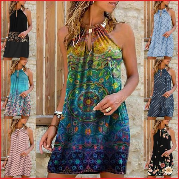 

summer harajuku halter sleeveless womens dresses print casual leopard hollow out plus size beach a line midi dress robe, Black;gray