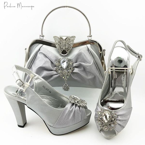 

dress shoes italian design lastest african crystal style women and bag set in silver color nigerian for royal wedding party, Black