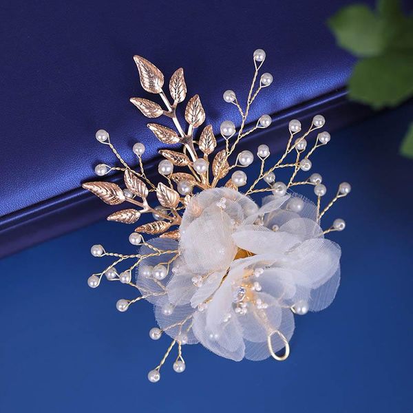 

hair clips & barrettes elegant floral pins white lace yarn flower gold leaf pearl hairpin wedding headpieces bridal accessories helh889, Golden;silver
