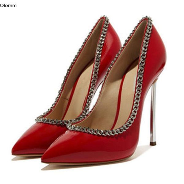 

olomm women shiny pumps stiletto high heels chain nice pointed toe black red party shoes plus us size 3-13 dress