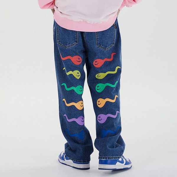 

men's jeans men colorful tadpole letter printed japanese streetwear pants harajuku baggy straight trouser high street denim, Blue