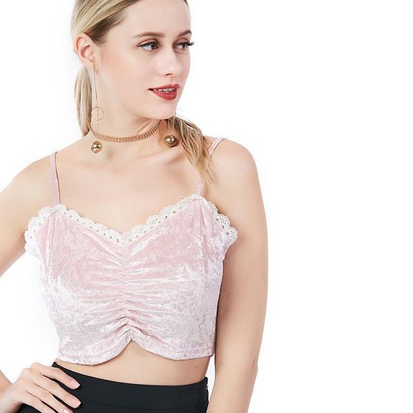 

women's t-shirt temperament of the wear pink diamond velvet lace v-neck midriff condole belt unlined upper garment, White
