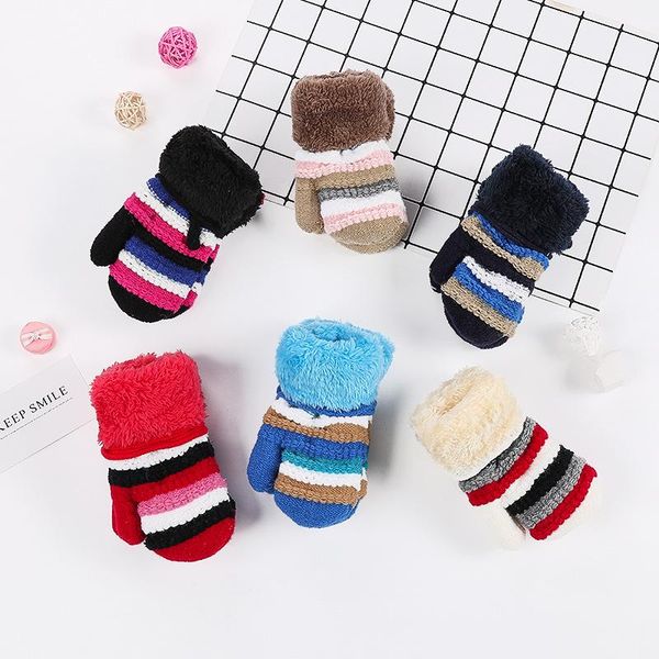 

children's mittens 2-6 years baby wool knitted gloves children kids winter warm double layer plus velvet thickening stripe, White