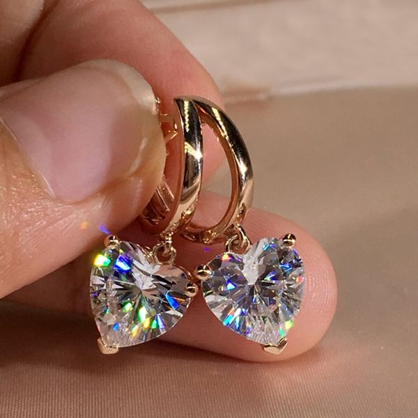

charming 18k rose gold hoop earrings heart shape cz crystal diamond dangle jewelry gift for women girls, Golden