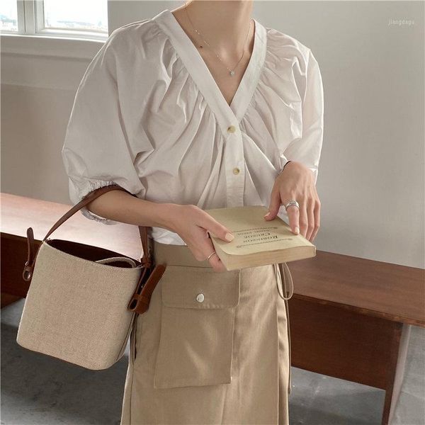 

women's blouses & shirts summer solid v-neck loose leisure puff sleeves 2021 thin brief chic fashion all match women casual sweet, White