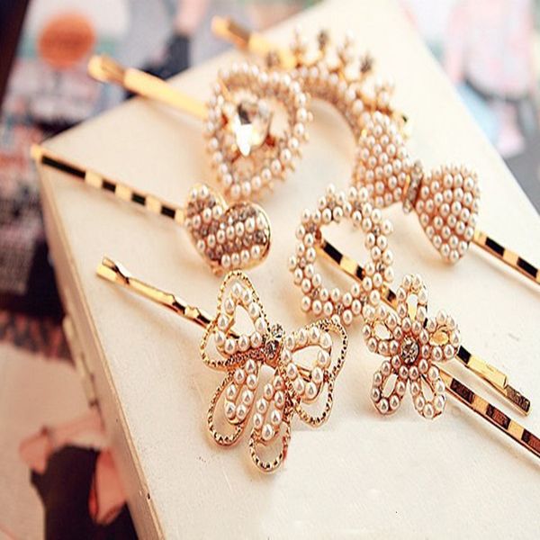 

pearl diamond bow hairpin crown peach heart five star golden frog clip banger, Golden;silver