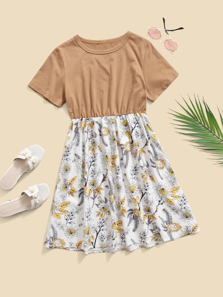 

girls 1pc floral print round neck dress she, Red;yellow