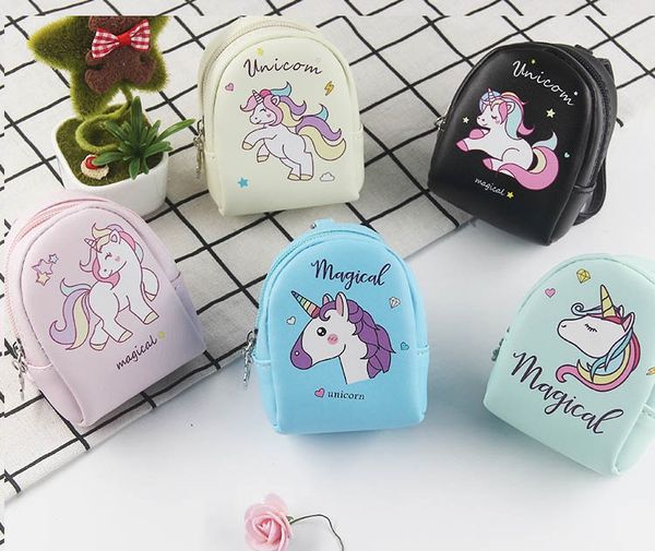 Casual unicórnio zíper mini mochila mochila moeda mulheres pequenas carteiras mistura estilo cartoon cor moda pu chaveiro bolsas estudante criança fone de ouvido dinheiro