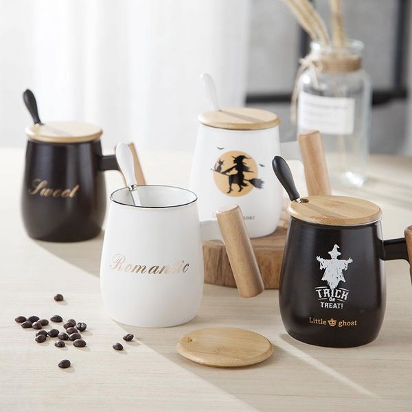 

mugs creative ceramic mug with wooden handle+lid+spoon tea cup coffee milk juice drinking cups gifts for friends
