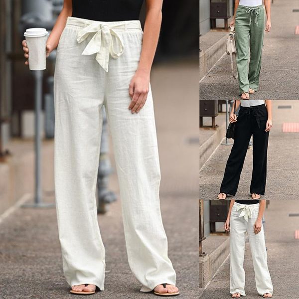 

women's pants & capris women linen cotton casual comfort solid wide leg female high waist belt long straight ankle-length length trouse, Black;white