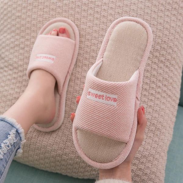 

slippers litthing women indoor floor flat shoes solid color anti-slip home flax linen slipper woman men house cotton slides, Black
