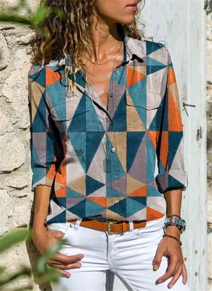 

printed casual plus size womens shirt long sleeve all match, White
