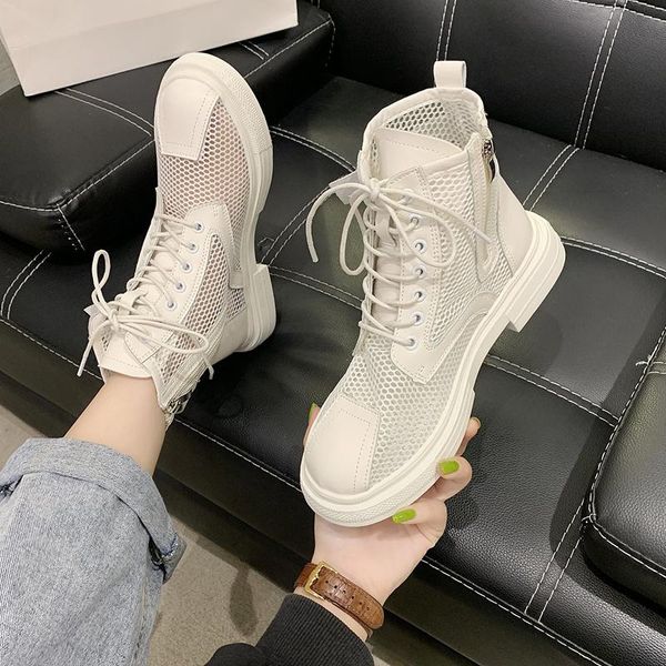

boots hollow out mesh summer ankle for women breathable zipper lace up casual shoes woman low heels short booties white, Black