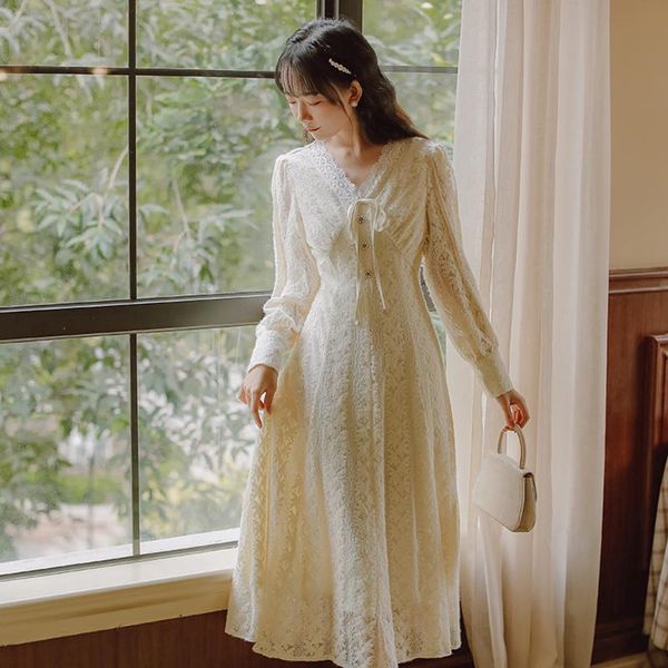 

casual dresses dress elegant french v-neck lace long sleeve temperament bowknot pearl button decoration chic fairy light color vestidos, Black;gray