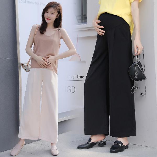 

maternity bottoms 6009# pants summer chiffon casual loose comfy belly support elastic waist wide-leg trousers, White