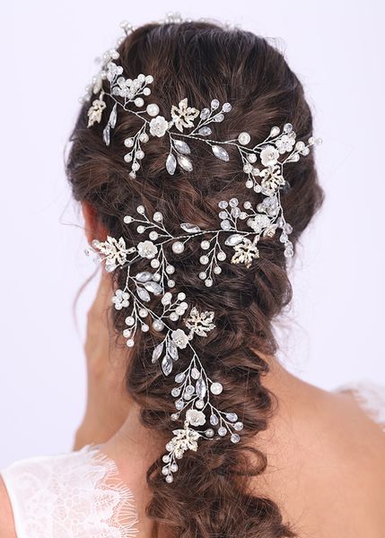 

Vintage Flower and Leaves Rhinestones Shiny Crystal Pearls Long Hair Vine Wedding Bridal Hair Accessories for Women Ornaments