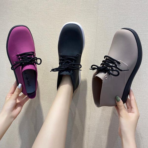

boots 2021 women's rain short tube korean lace up flat shoes cute women rainshoes waterproof non-slip rubber, Black