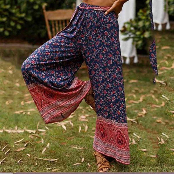 Casual boho broek met wijde pijpen dames bloemenprint palazzo lange strandbroek met hoge taille vrouwelijke vakantievakantie 210427