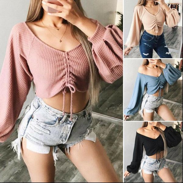 

women t shirt fashion casual long sleeve v neck crop knit ladies spring autumn clothes, White