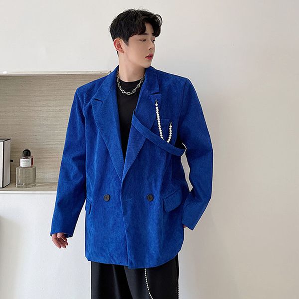 

men's suits & blazers blue corduroy coat blazer men korean streetwear trend fashion loose casual jacket man vintage 160m, White;black