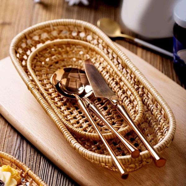 

storage baskets rattan bread basket oval hand-woven tea tray food serving platter for dinner parties coffee breakfast kitchen supplies