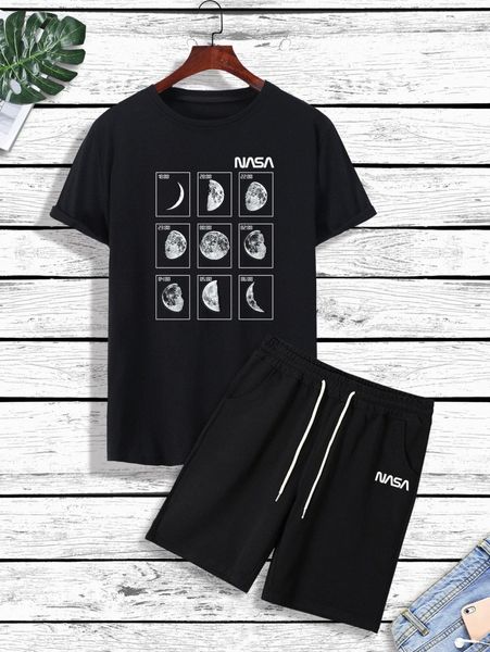 

men letter and moon print tee & drawstring waist shorts x7ky#, Gray