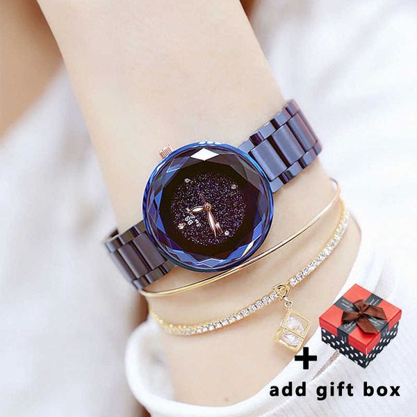 Starry Sky Uhr Frau Luxus Marke Mode Kristall Weibliche Armbanduhr Blau Teure Edelstahl Uhr Montre Femme 210527