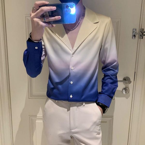 

men's casual shirts korean slim fit mens dress formal social blouse 2021 gradient shirt men short sleeve streetwear camisa masculina, White;black