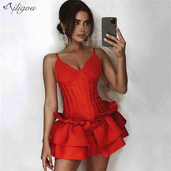 Mini abito rosso arruffato da donna Sexy cinturino per spaghetti con scollo a V fasciatura drappeggiata aderente Club Vestidos 210525