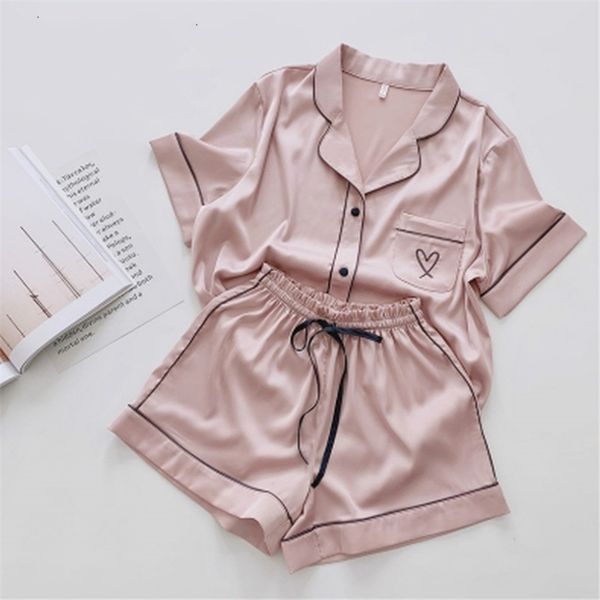 

silk pajamas for women heart embroidered pyjamas women pj set home suit satin nightwear set sleepwear pijama verano mujer 210325, Black;red