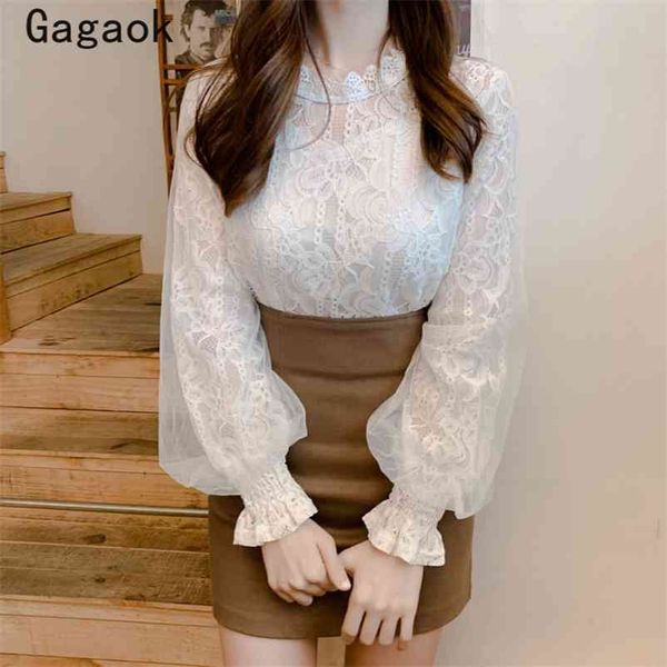 

women blouses spring autumn solid stand lace full office lady flare sleeve shirt slim chic fashion wild blouse 210531, White