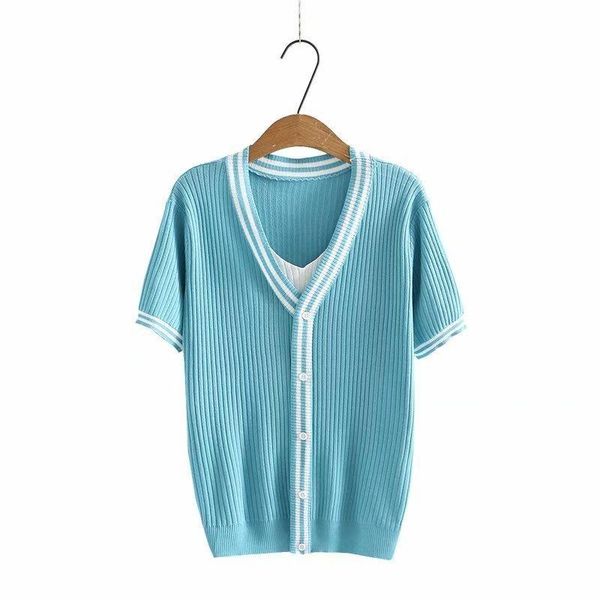 

plus size t-shirt xl-4xl blue black women's knitted summer tshirts short sleeve v-neck slim false button vintage tee