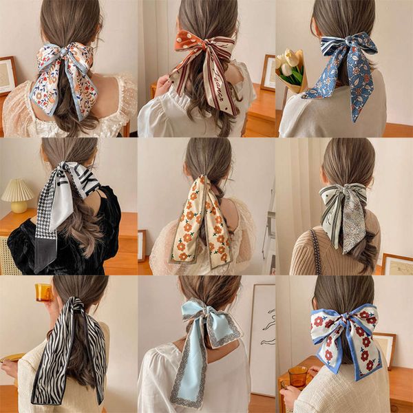

scarf elegant silk hair band female tie fairy sen department super horsetail head rope bow knot summer out ribbon hair, Blue;gray