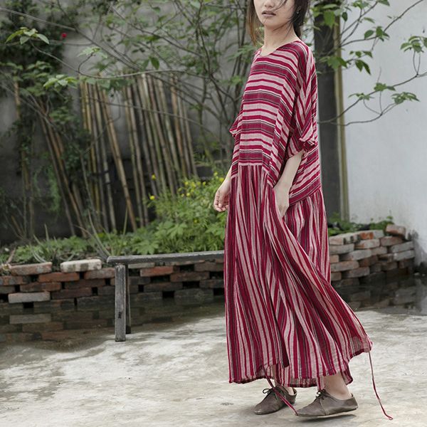 Johnature Woman Striped красные винтажные платья хлопок свободные одежды лето о-шеи летучая мышь рукав ремень женское китайское платье 210521
