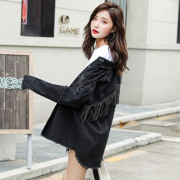 

women's jackets 2021 autumn thin black color single-breasted draped tassel chain high street turn-down collar for women, Black;brown